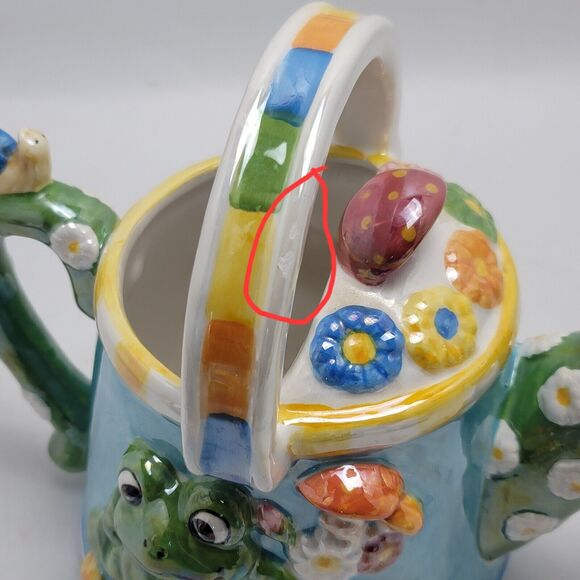 WCL Porcelain Frog Floral Mushrooms Ceramic Watering Can With Planter And Basket - Picture 9 of 16